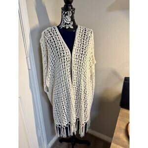 Kori Crochet Boho Fringed Oversized Vest Cream One Size